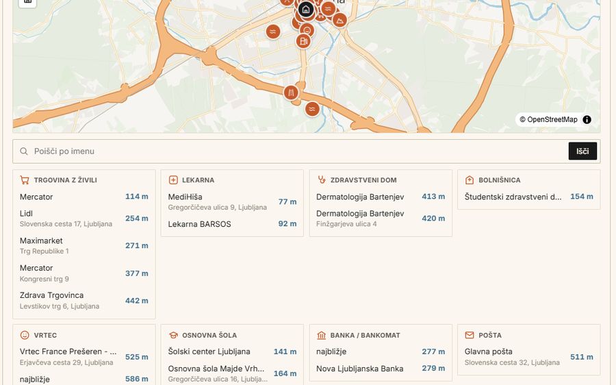 Infrastruktura in zanimivosti v bližini z dejanskimi cestnimi razdaljami